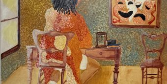 painting of a woman with her back to us. she's sitting at a vanity table. on the wall in front of her is a depiction of the Comedy/Tragedy Theater Masks. The painting is very textured in its brush strokes.