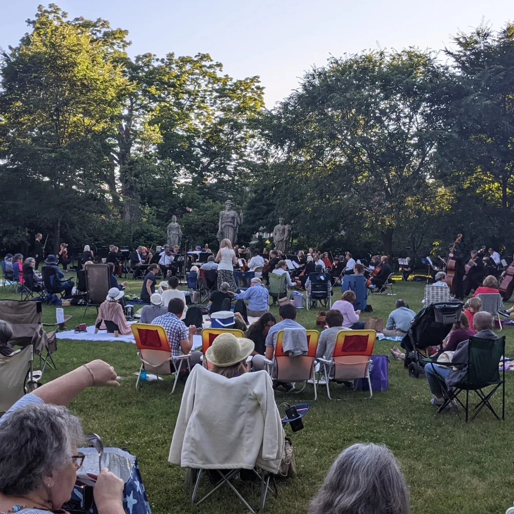 photo of many people sitting on a lawn at dusk, their backs to the camera.
