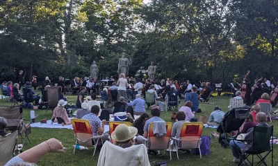 photo of many people sitting on a lawn at dusk, their backs to the camera.