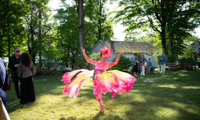 photo of a dancer costumed in vibrant pinks and yellows posed with their arms uplifted in a grassy space with lots of greenery and trees and onlookers in the background.