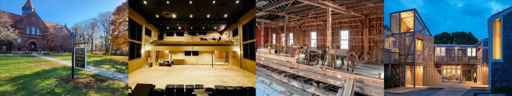 4 photos of cultural facilities - an exterior of a old library, the interior of a black box theater space, the workings of an old sawmill, the modern exterior of an arts complex.
