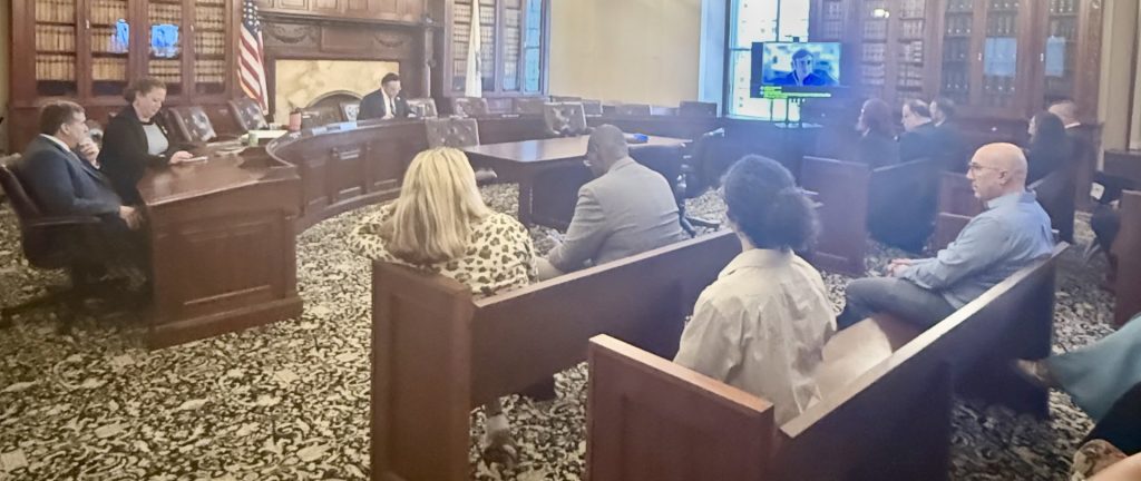 photo of a committee seated in a hearing room accepting testimony.