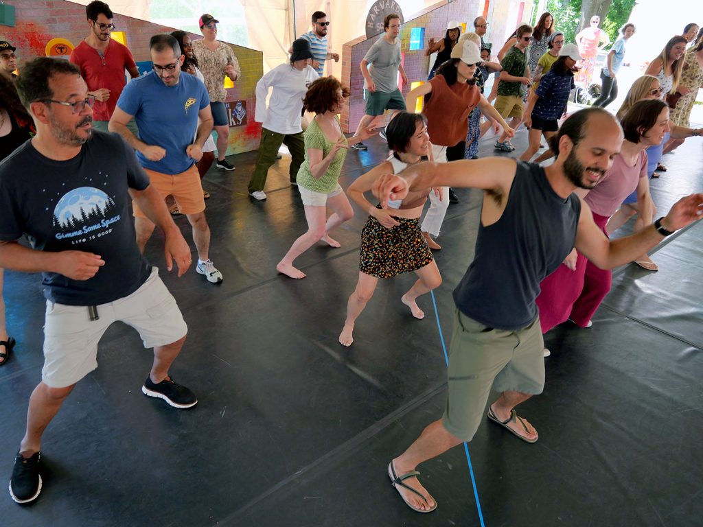 photo of a large group of people of all ages and backgrounds dancing outside under a tent following the instructions of an artist leading them at the front of the class.