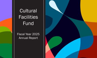 detail of the cover art from the 2025 Cultural Facilities Fund Annual Report, an abstract design of overlapping jewel tones.