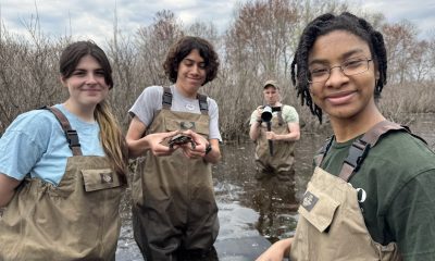 photo of 3 young people in waders smiling in waist-deep pond water. One is holding a wee turtle.