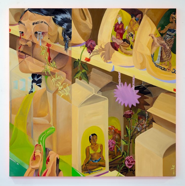 A painting that overlays faces and bodies of Asian women from historical and contemporary contexts on an abstracted background that resembles a shelf of milk cartons.