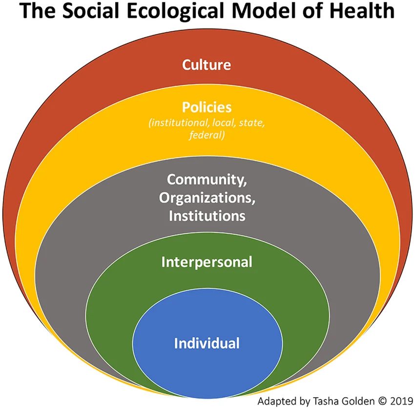 a graphic depicting the social ecological model of health - a series of concentric circles. At the center is Individual, then Interpersonal, then Community Organizations Institutions, then Policies, then lastly the largest circle, Culture.