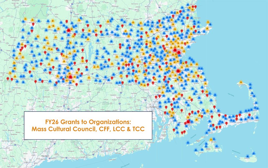 Map of Massachusetts with markers that show the location of each grant awarded to an organization in FY26 by Mass Cultural Council, a Local Cultural Council, a Tribal Cultural Council, of the Cultural Facilities Fund. There are myriad markers spread out across the state.