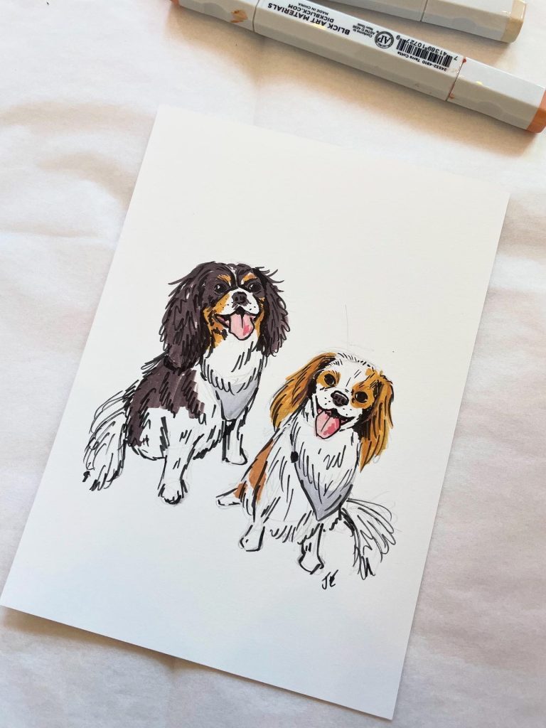 photo of a drawing by the artist of 2 dogs