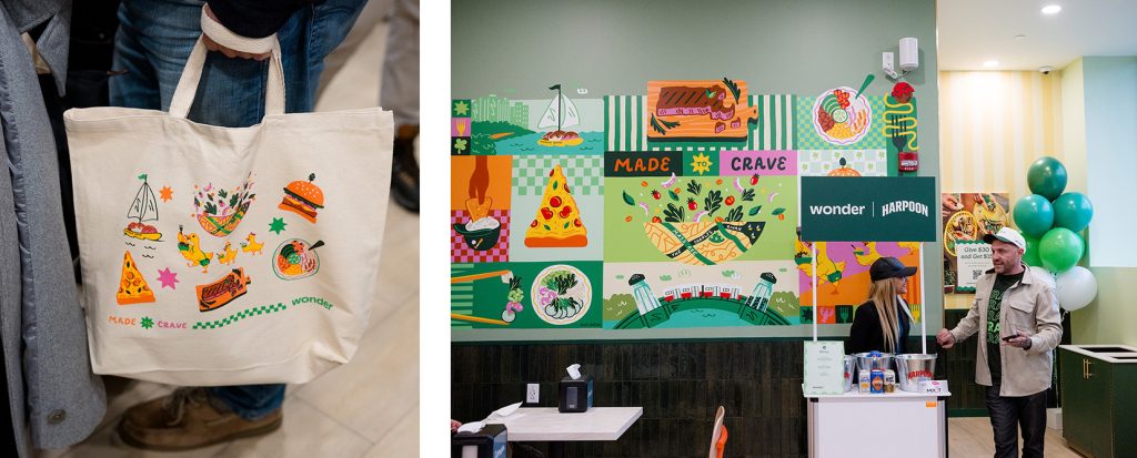 photo of two projects created by the artist, one a tote bag with playful illustrations of food, the other of a colorful mural in a fast casual restaurant.