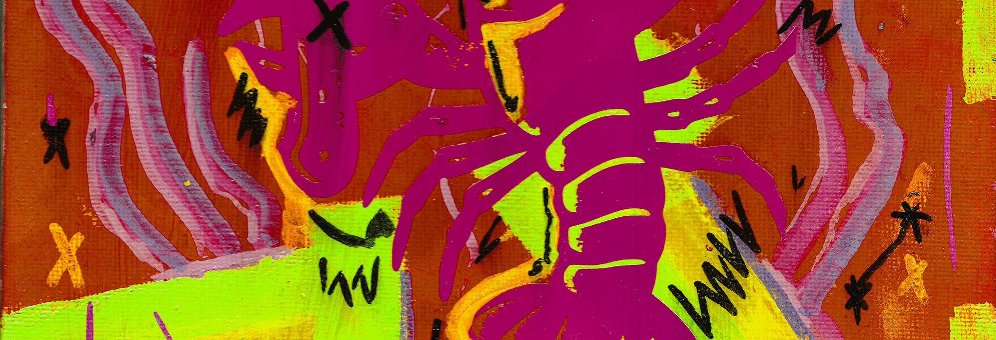 detail of an abstract painting of a lobster done in a bright, neon palette.