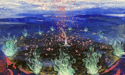 Vividly colored painting, abstract with figurative elements, appearing to show jellyfish-like shapes swirling in a circle underwater.