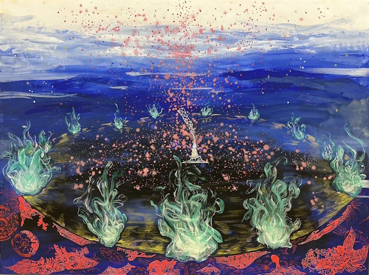 Vividly colored painting, abstract with figurative elements, appearing to show jellyfish-like shapes swirling in a circle underwater.