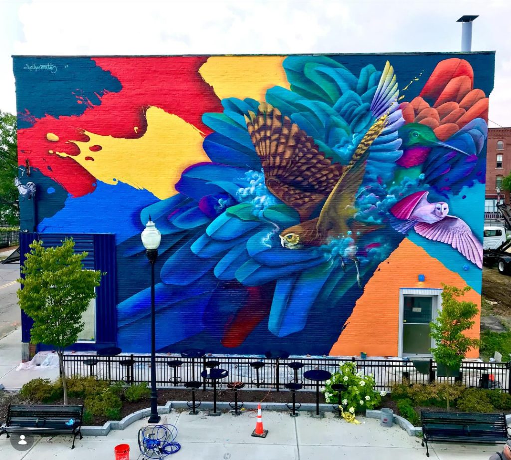 photo of a mural with bright splashes of color and an owl in flight.