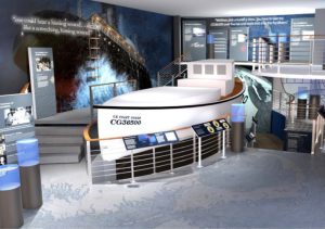 photo of a model of a white boat with black lettering reading "Coast Guard CG36500" suspended in the center of a museum exhibit hall.